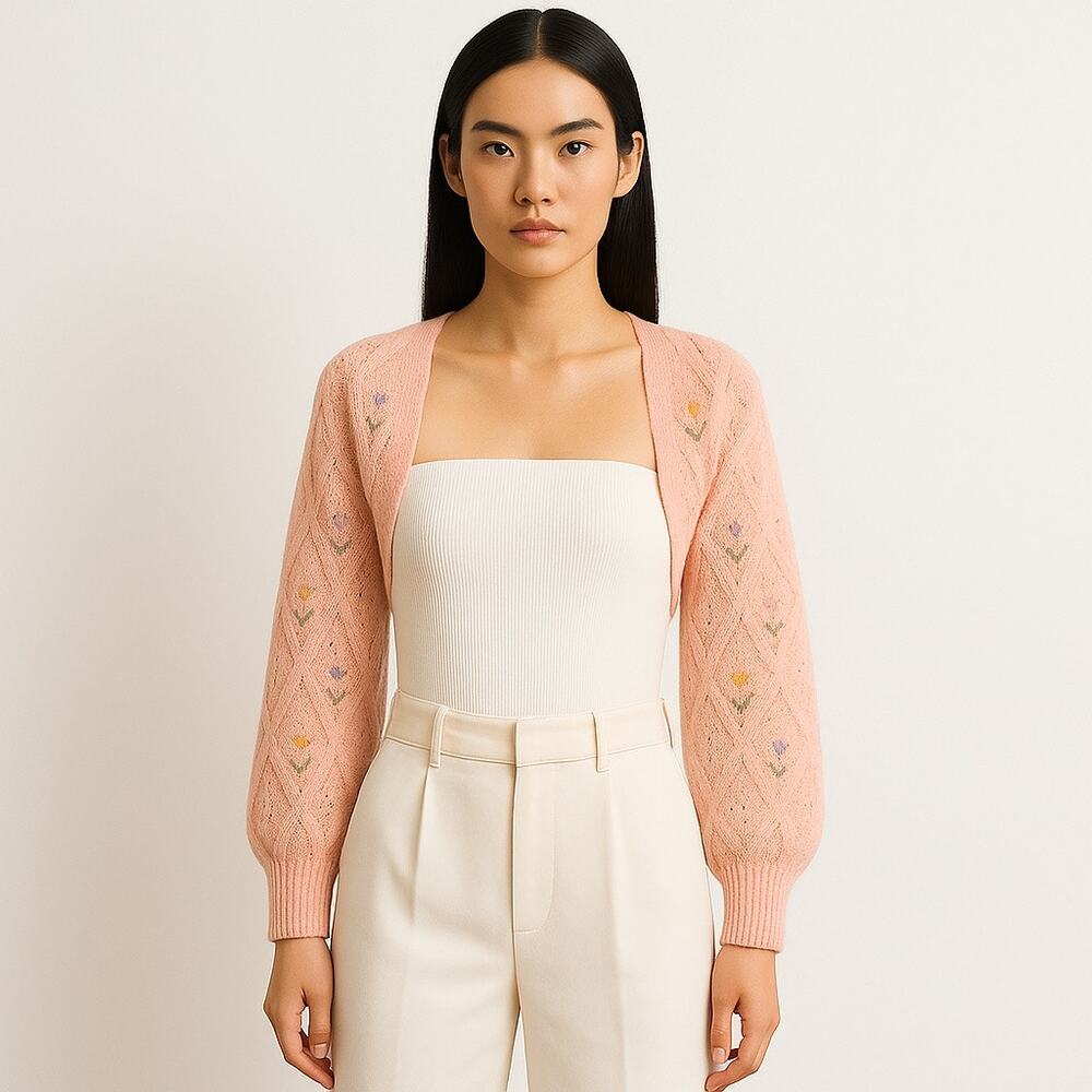 Zara Pink Knit Embroidered Floral Cozy Cropped Open Cardigan Sweater Top Size S